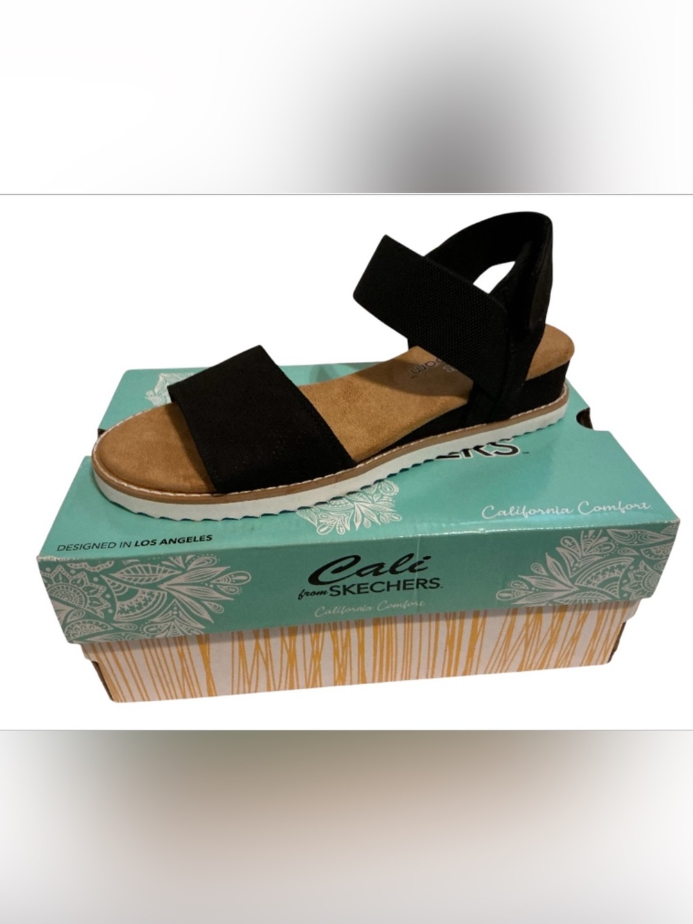 Skechers Cali Desert Kiss Black Memory Foam Sandals Womens 7.5 NEW Wedge